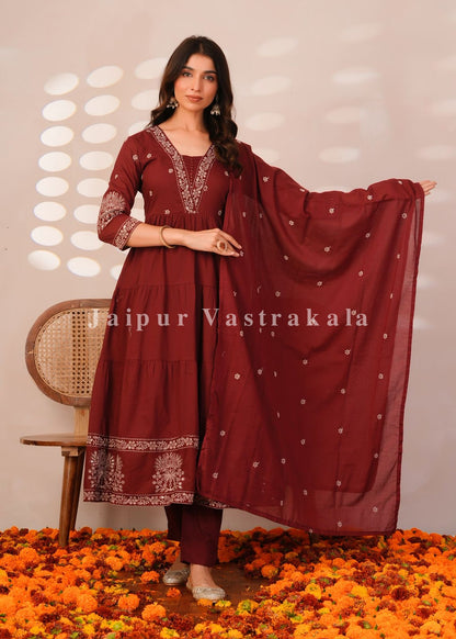 Maroon Embroidery Mul Cotton Anarkali Suit