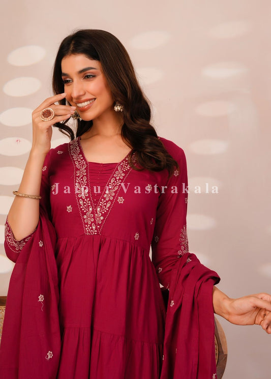 Rasberry Embroidery Mul Cotton Anarkali Suit