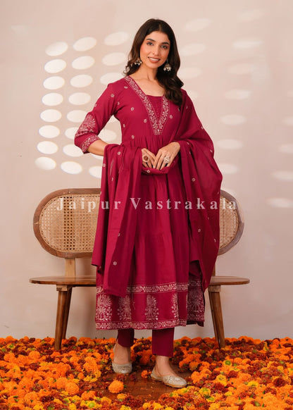 Rasberry Embroidery Mul Cotton Anarkali Suit