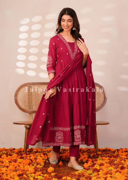 Rasberry Embroidery Mul Cotton Anarkali Suit