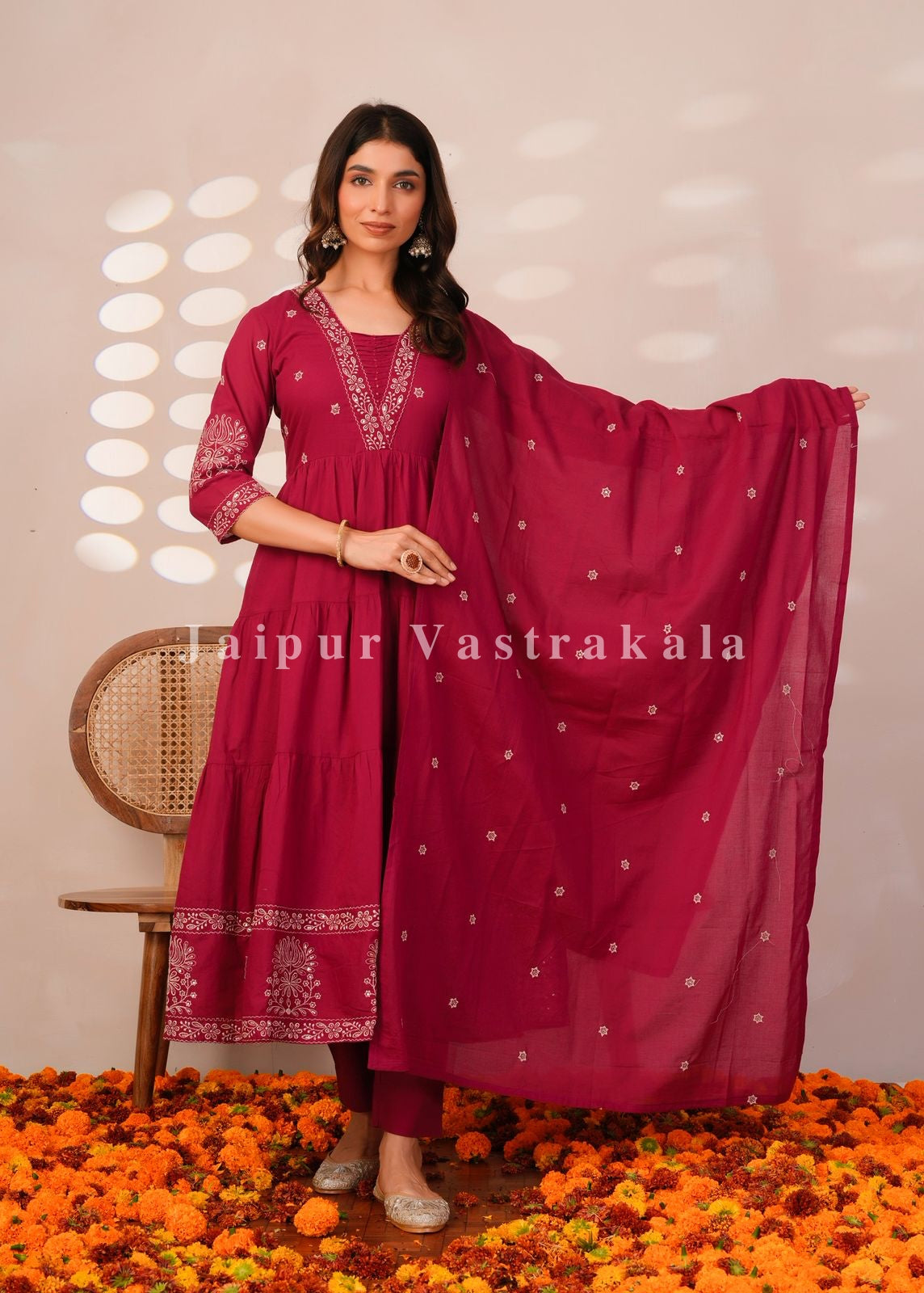 Rasberry Embroidery Mul Cotton Anarkali Suit
