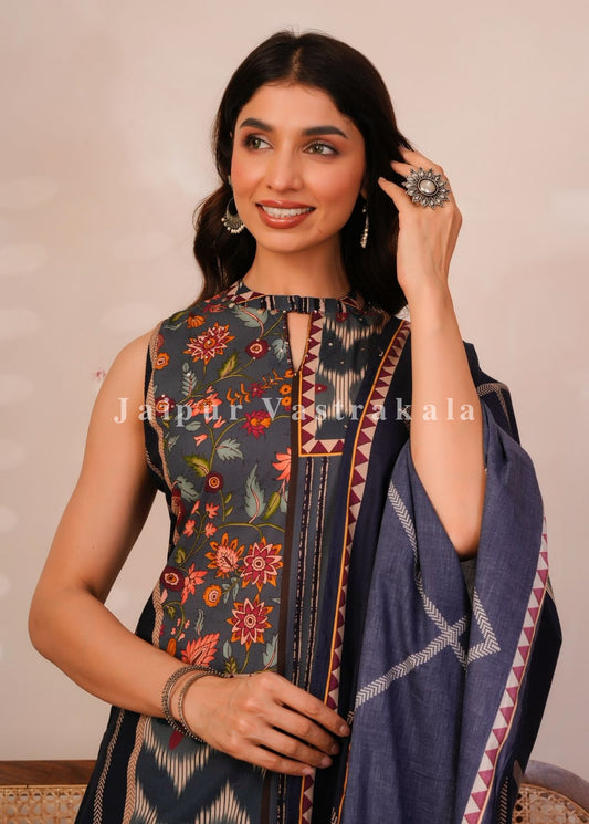Blue Panel Print Sleeveless Cotton Suit