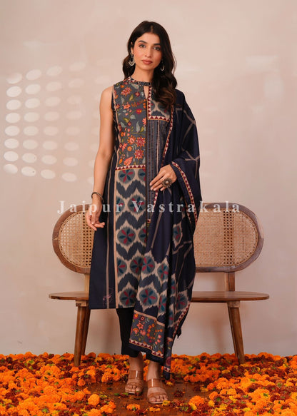 Blue Panel Print Sleeveless Cotton Suit