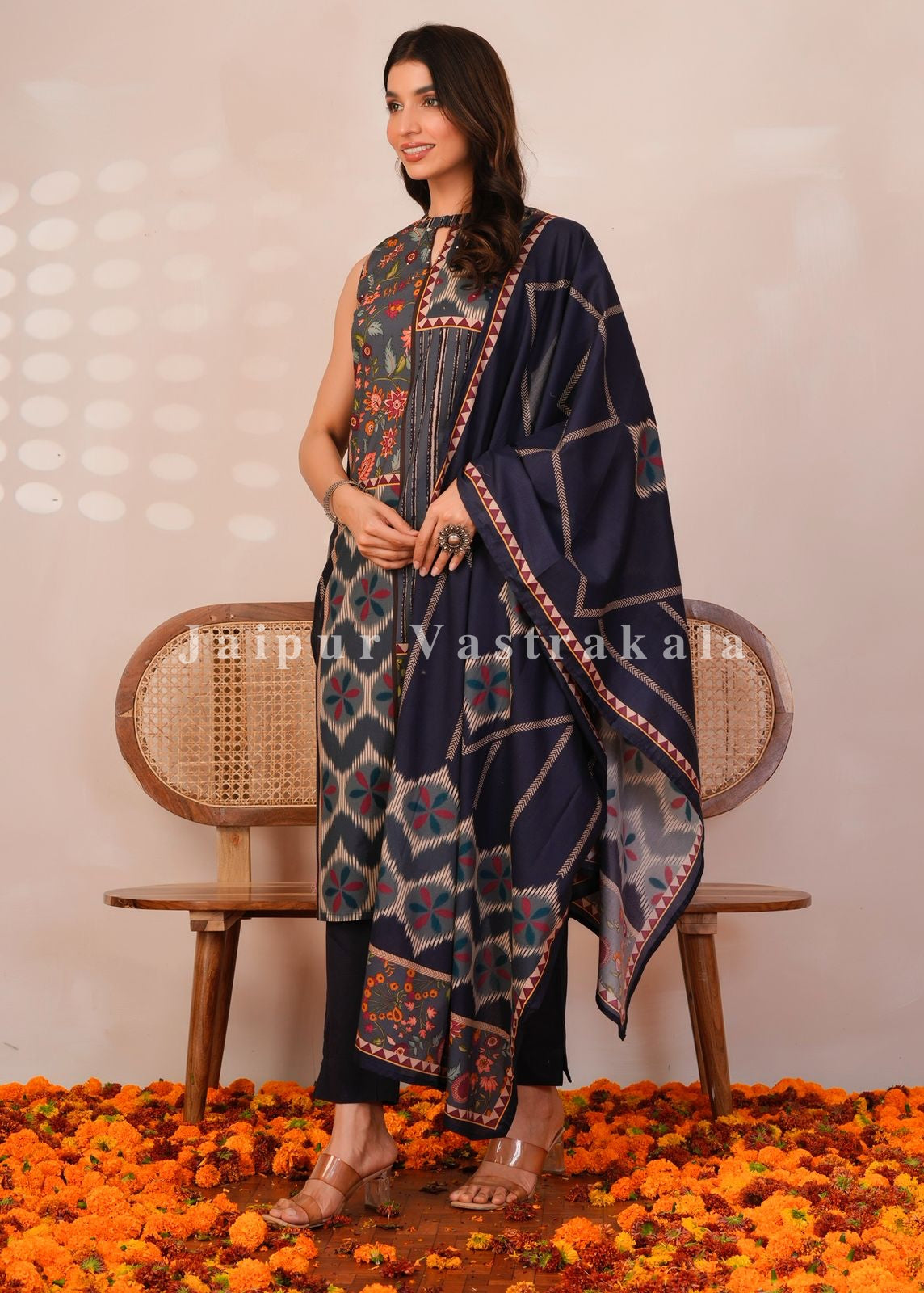 Blue Panel Print Sleeveless Cotton Suit