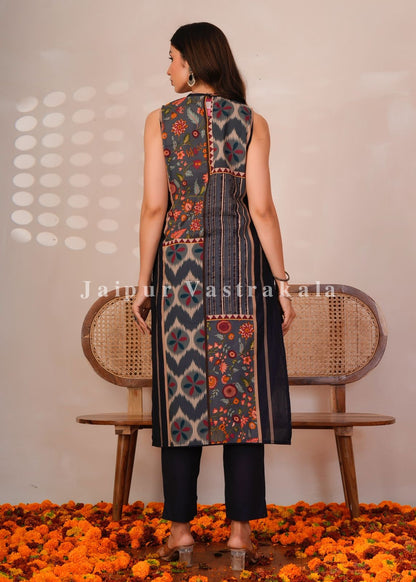 Blue Panel Print Sleeveless Cotton Suit