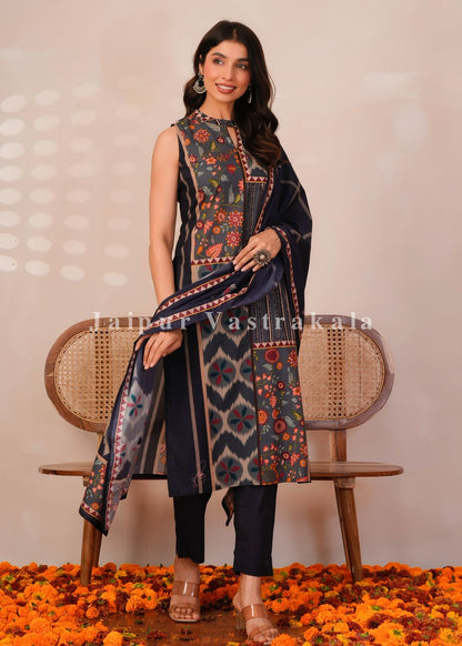 Blue Panel Print Sleeveless Cotton Suit