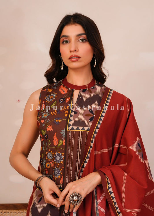 Rust Brown Panel Print Sleeveless Cotton Suit