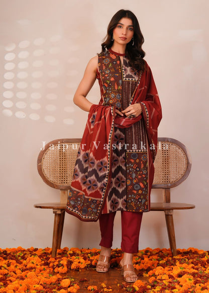 Rust Brown Panel Print Sleeveless Cotton Suit