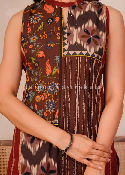 Rust Brown Panel Print Sleeveless Cotton Suit