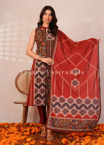 Rust Brown Panel Print Sleeveless Cotton Suit