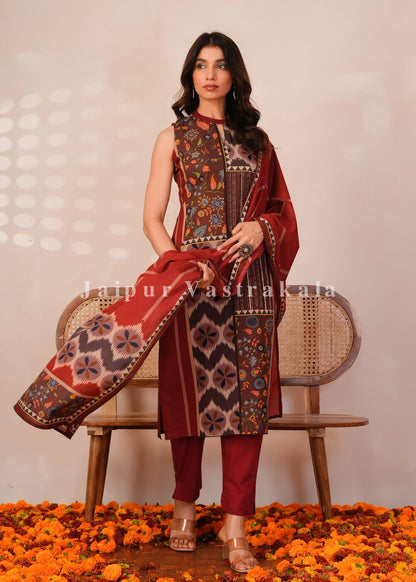 Rust Brown Panel Print Sleeveless Cotton Suit