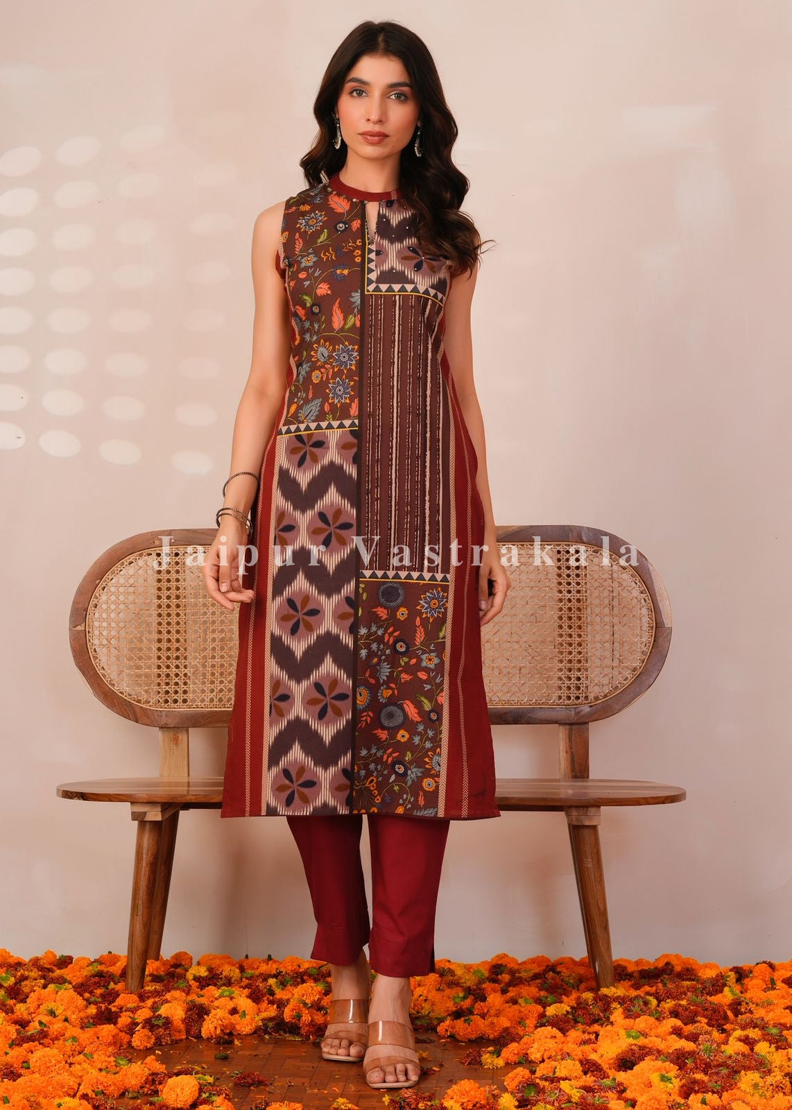 Rust Brown Panel Print Sleeveless Cotton Suit