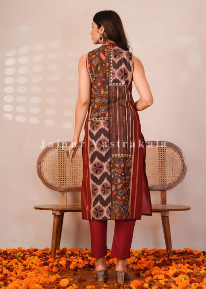Rust Brown Panel Print Sleeveless Cotton Suit