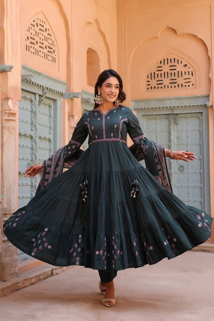 Green Fusion Buds Mul Cotton Anarkali Suit