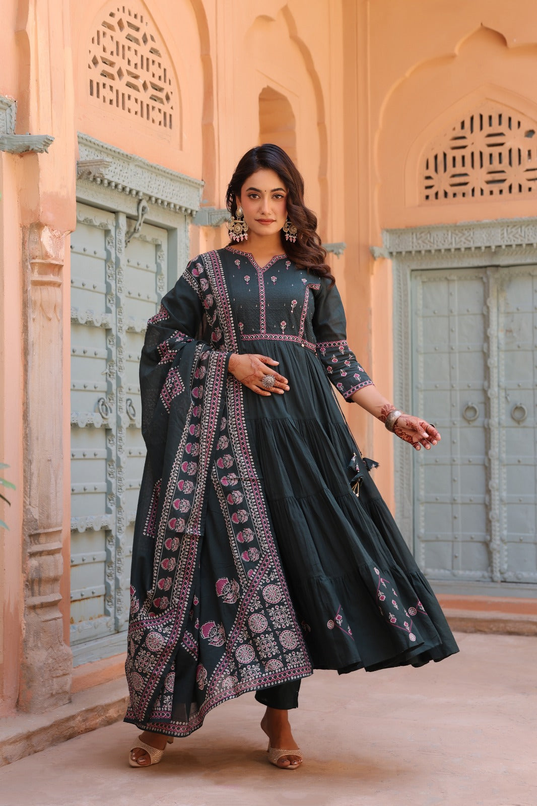 Green Fusion Buds Mul Cotton Anarkali Suit