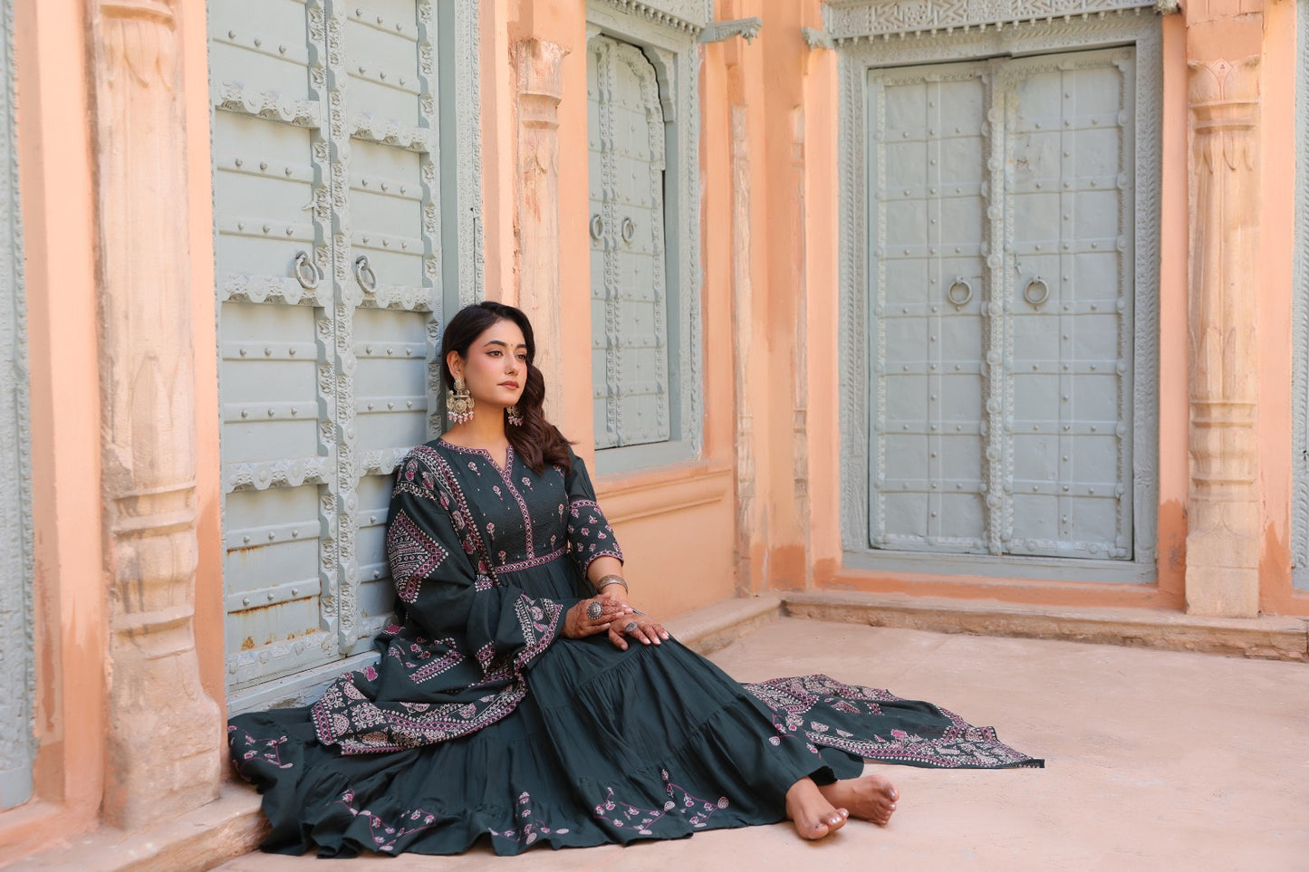 Green Fusion Buds Mul Cotton Anarkali Suit