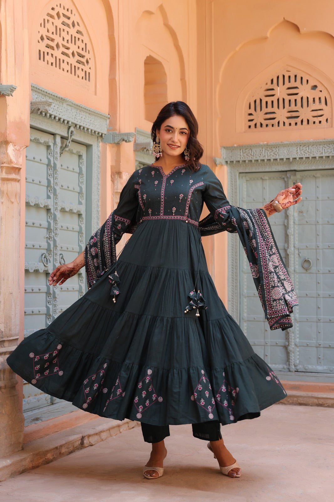 Green Fusion Buds Mul Cotton Anarkali Suit