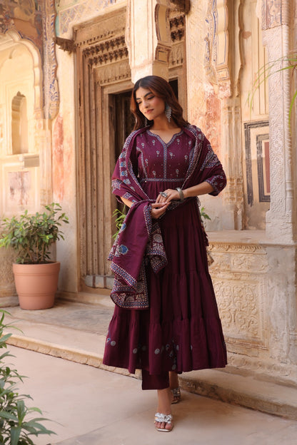 Wine Fusion Buds Mul Cotton Anarkali Suit