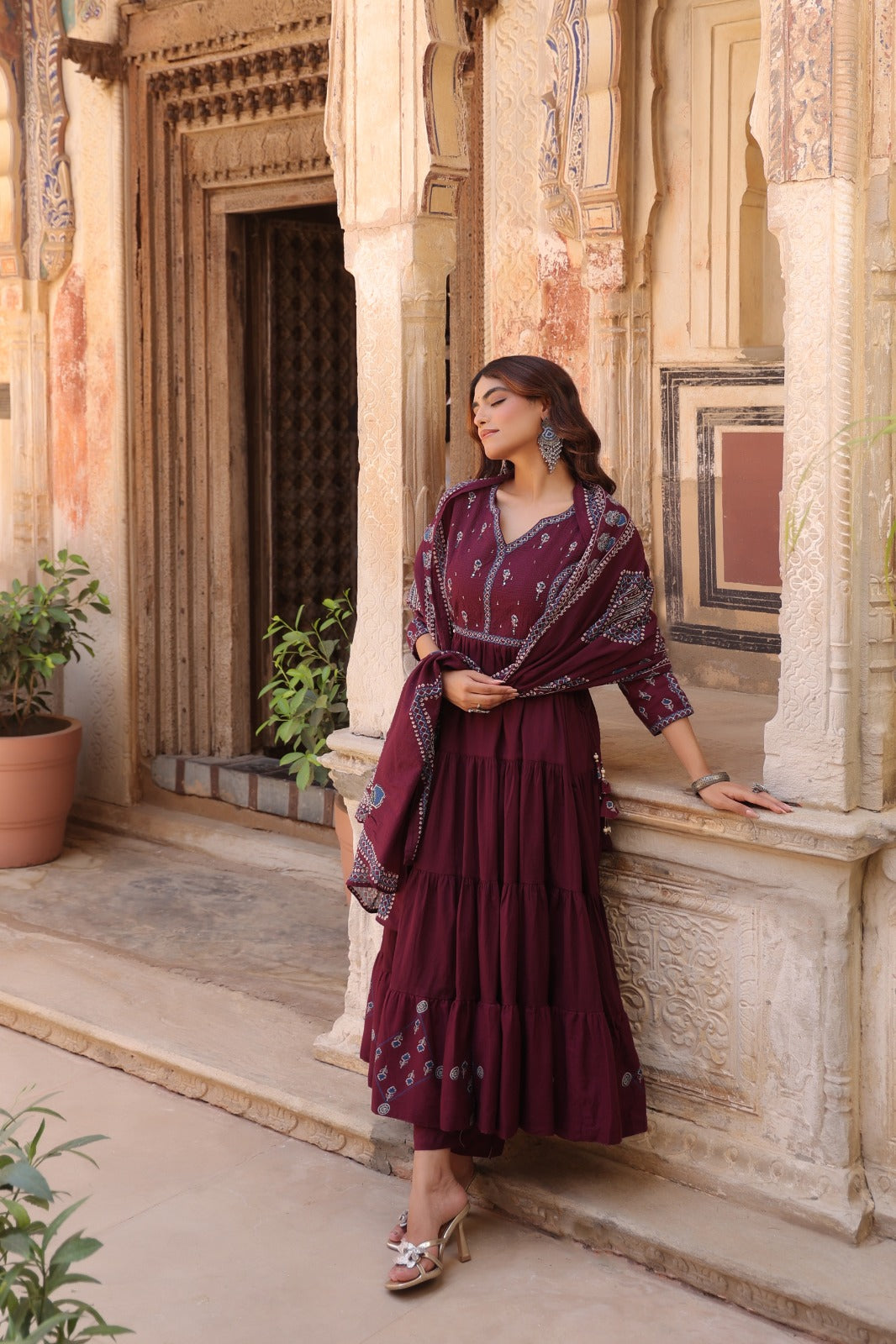Wine Fusion Buds Mul Cotton Anarkali Suit