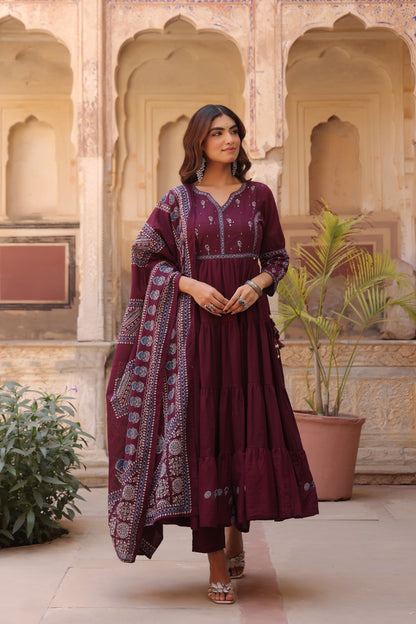Wine Fusion Buds Mul Cotton Anarkali Suit