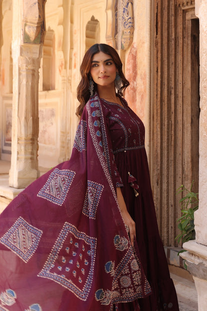 Wine Fusion Buds Mul Cotton Anarkali Suit