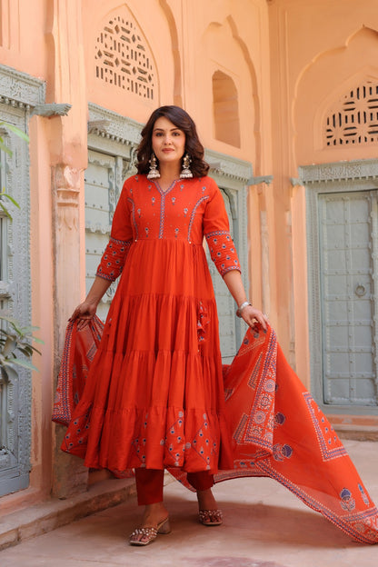 Orange Fusion Buds Mul Cotton Anarkali Suit