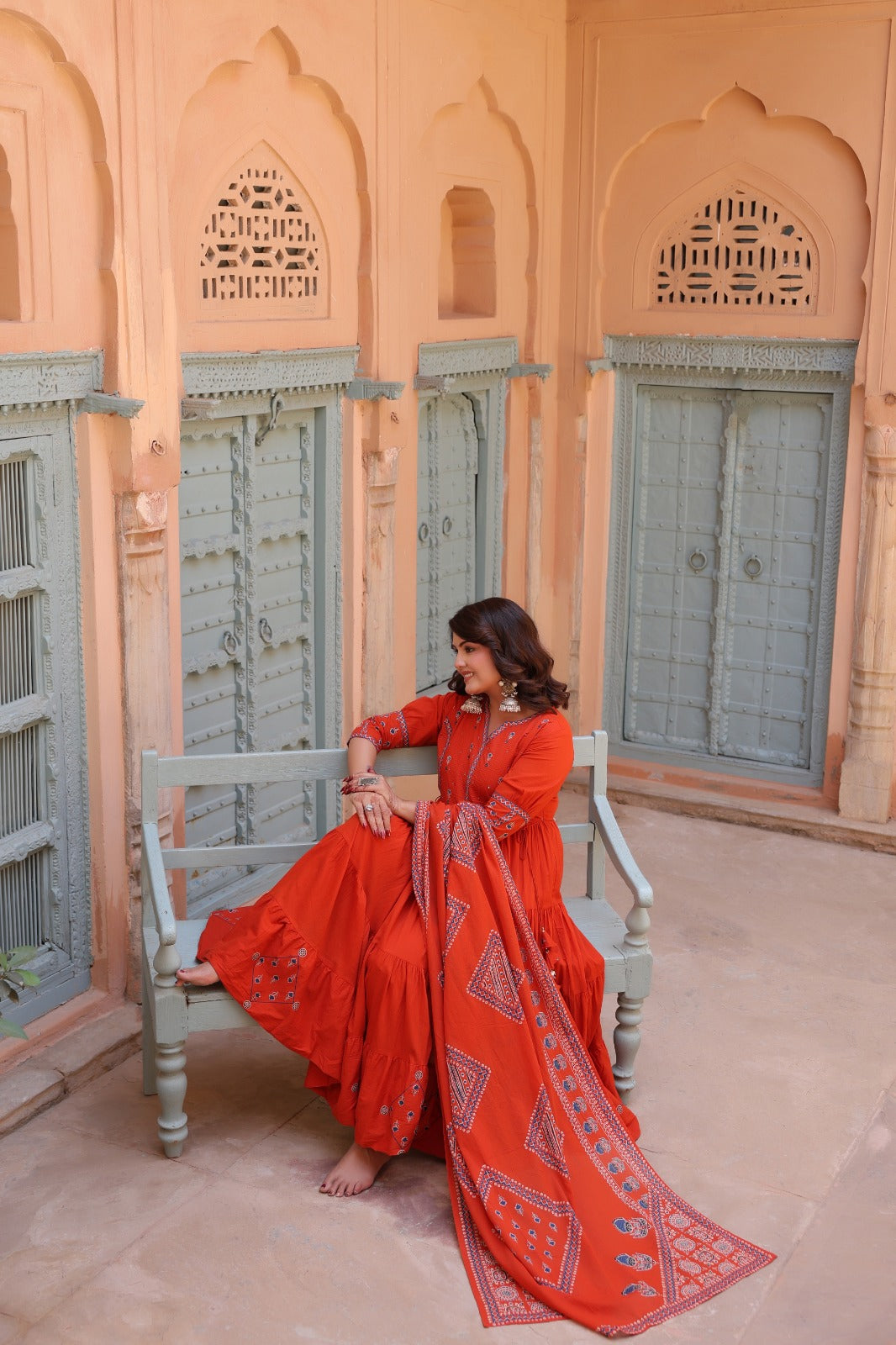 Orange Fusion Buds Mul Cotton Anarkali Suit