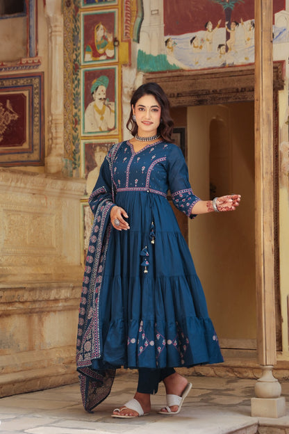 Blue Fusion Buds Mul Cotton Anarkali Suit