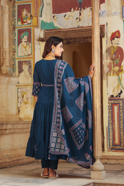 Blue Fusion Buds Mul Cotton Anarkali Suit