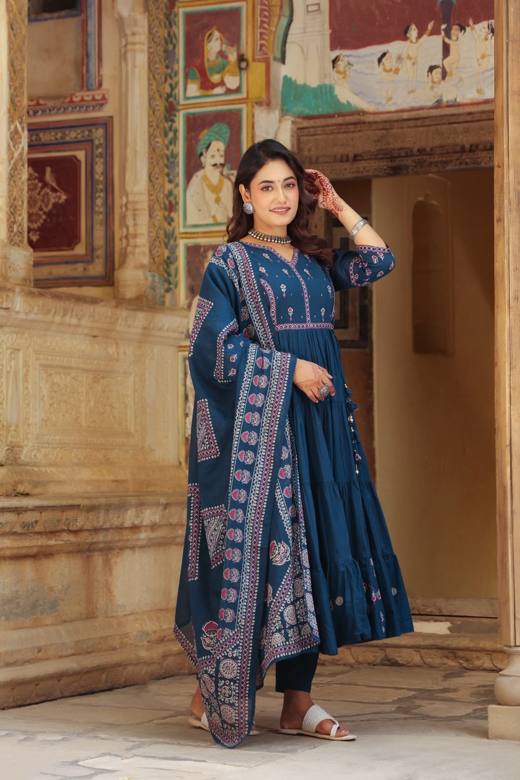 Blue Fusion Buds Mul Cotton Anarkali Suit