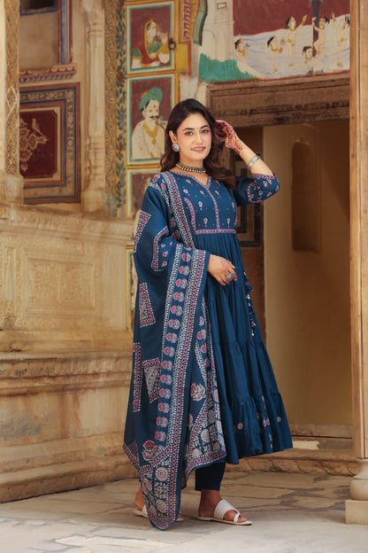 Blue Fusion Buds Mul Cotton Anarkali Suit