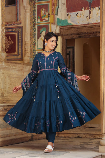 Blue Fusion Buds Mul Cotton Anarkali Suit