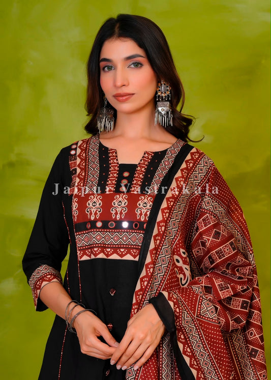 Black Heritage Patch A-line Cotton Dupatta Set