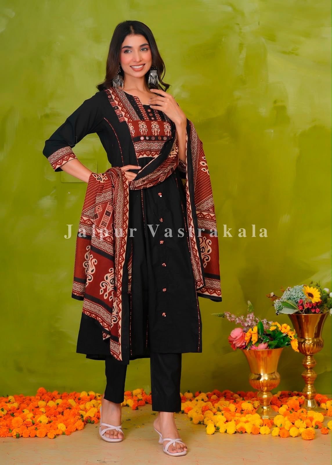 Black Heritage Patch A-line Cotton Dupatta Set