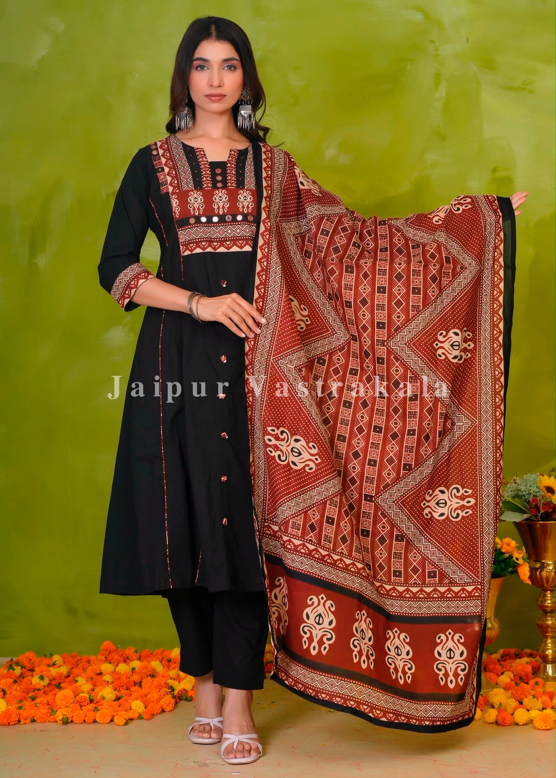 Black Heritage Patch A-line Cotton Dupatta Set