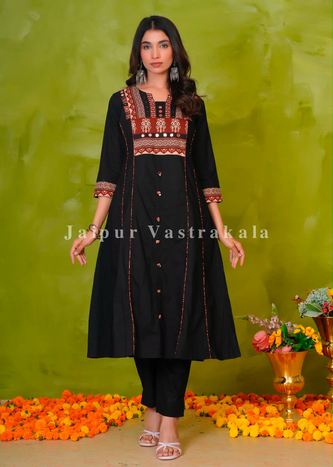 Black Heritage Patch A-line Cotton Dupatta Set