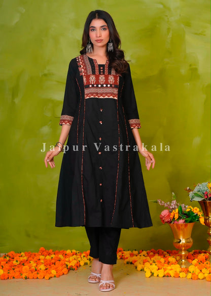 Black Heritage Patch A-line Cotton Dupatta Set