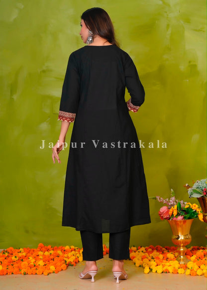 Black Heritage Patch A-line Cotton Dupatta Set
