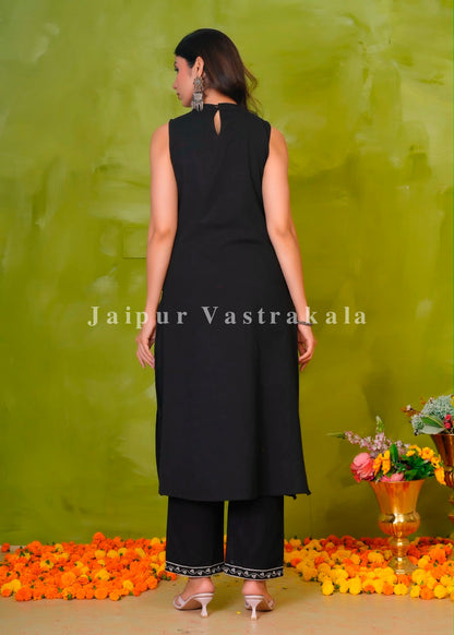 Black Lotus Embroidery Sleeveless Flex Dupatta Set