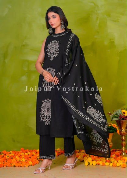 Black Lotus Embroidery Sleeveless Flex Dupatta Set