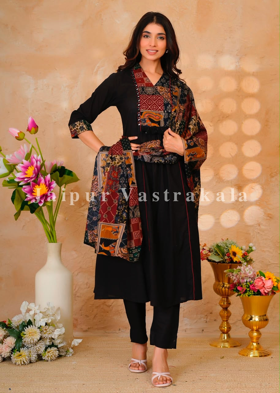 Black Heritage Patch A-line Cotton Dupatta Set
