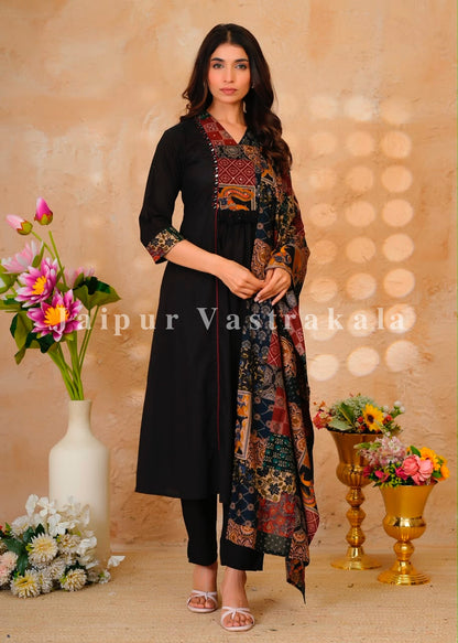 Black Heritage Patch A-line Cotton Dupatta Set