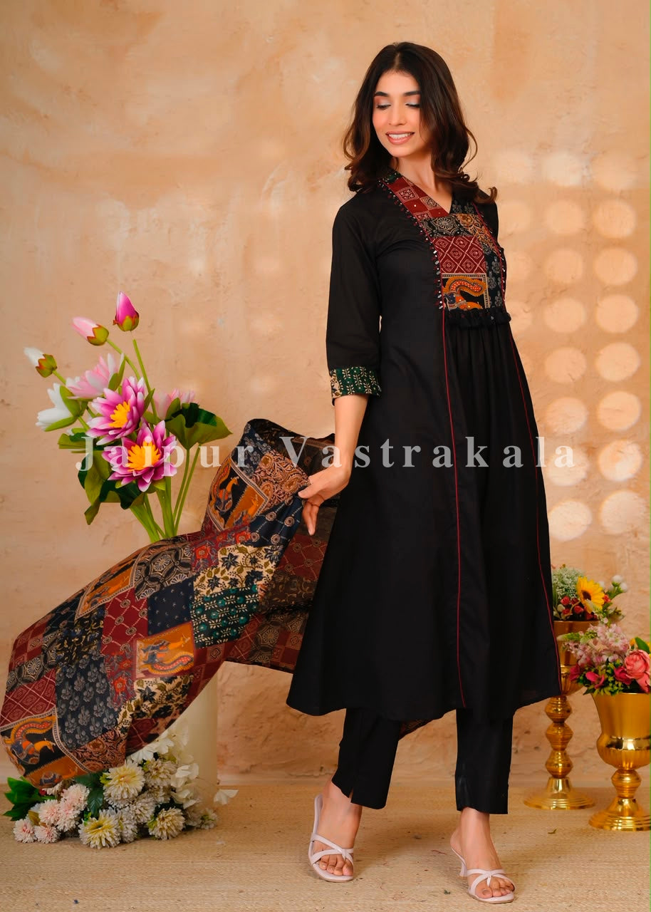 Black Heritage Patch A-line Cotton Dupatta Set