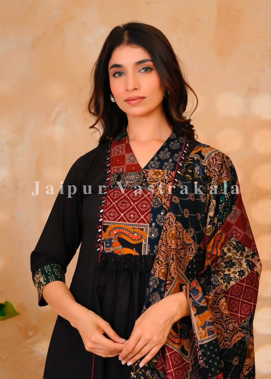 Black Heritage Patch A-line Cotton Dupatta Set