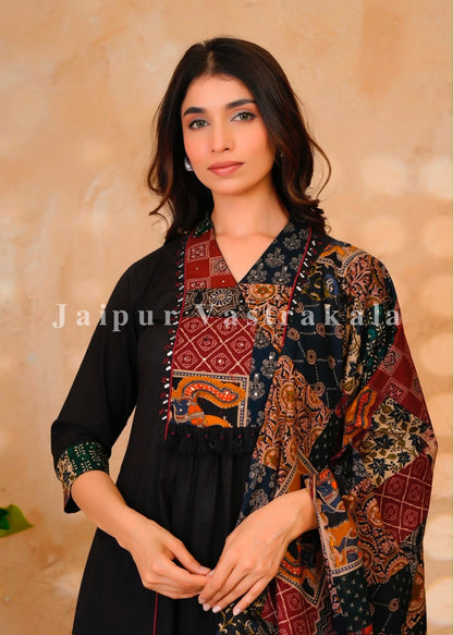 Black Heritage Patch A-line Cotton Dupatta Set