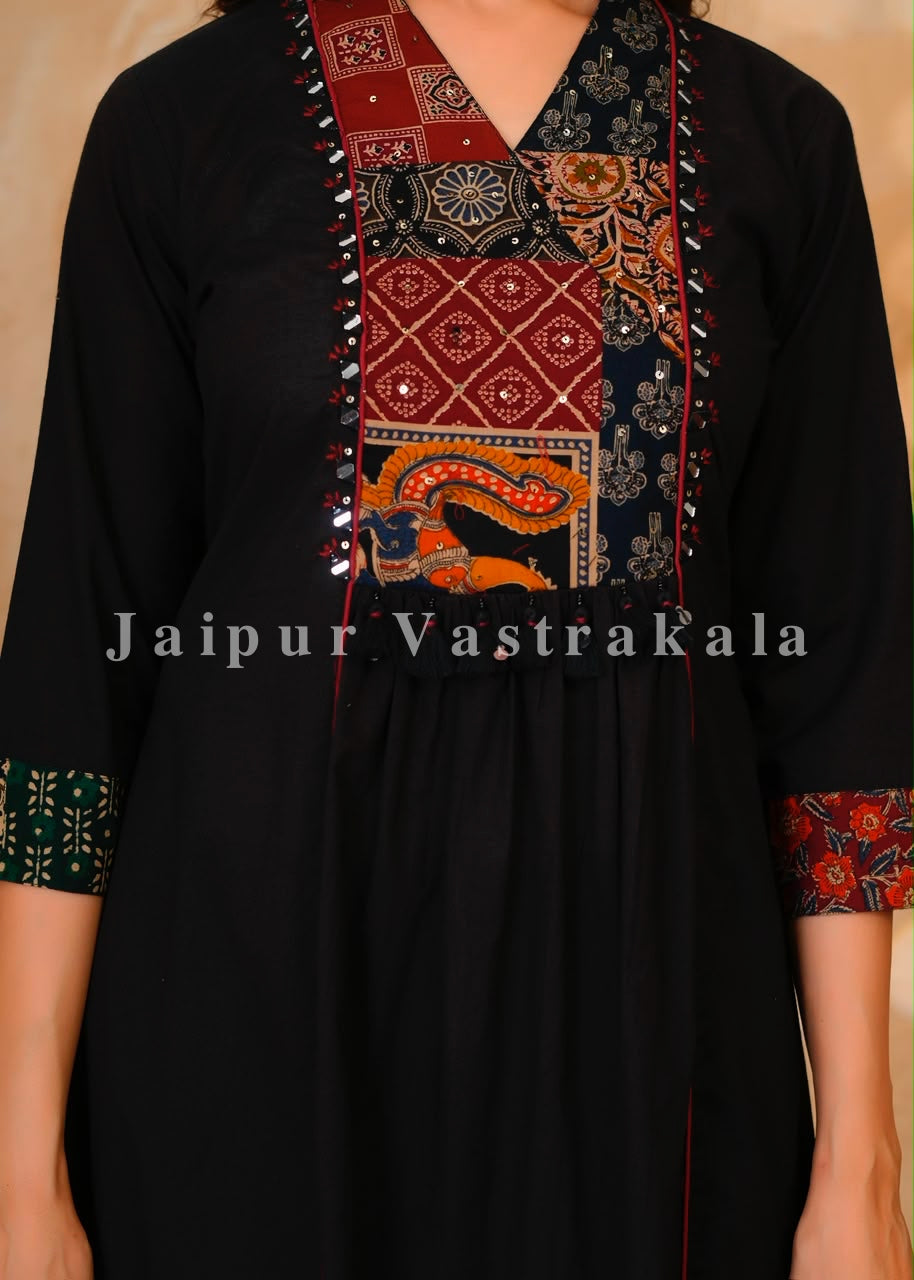 Black Heritage Patch A-line Cotton Dupatta Set
