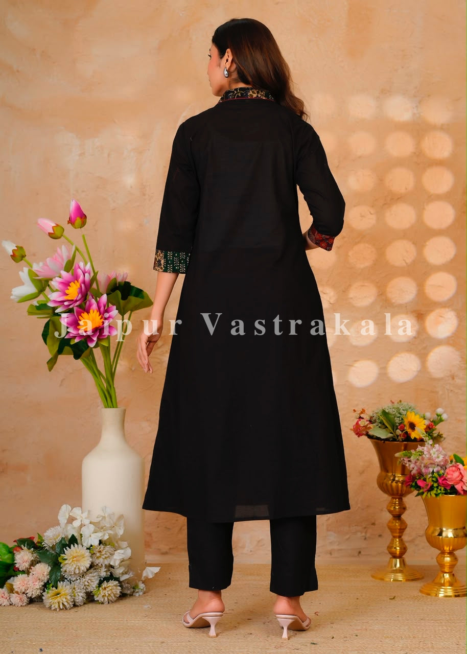Black Heritage Patch A-line Cotton Dupatta Set