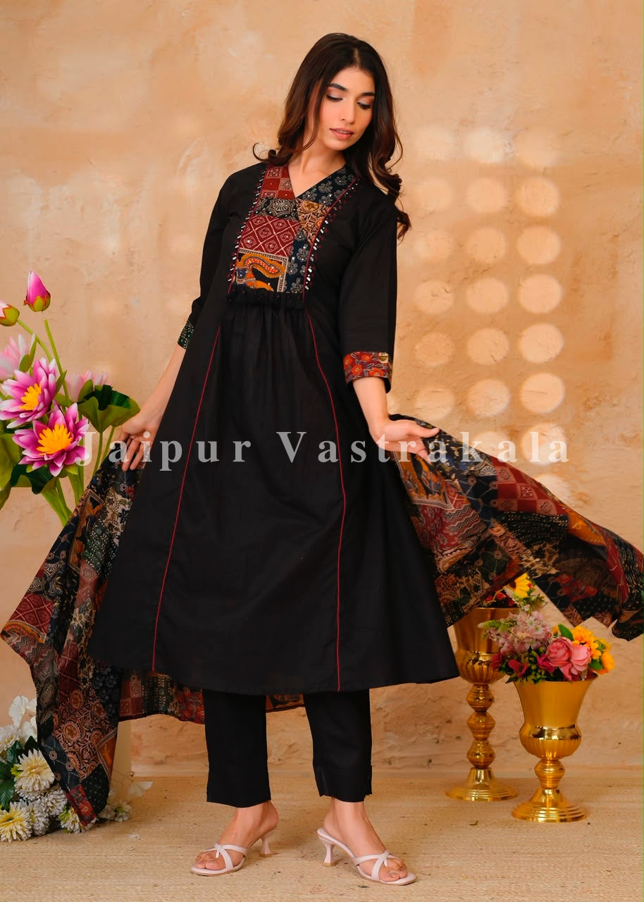 Black Heritage Patch A-line Cotton Dupatta Set