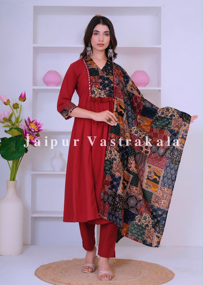 Maroon Heritage Patch A-line Cotton Dupatta Set