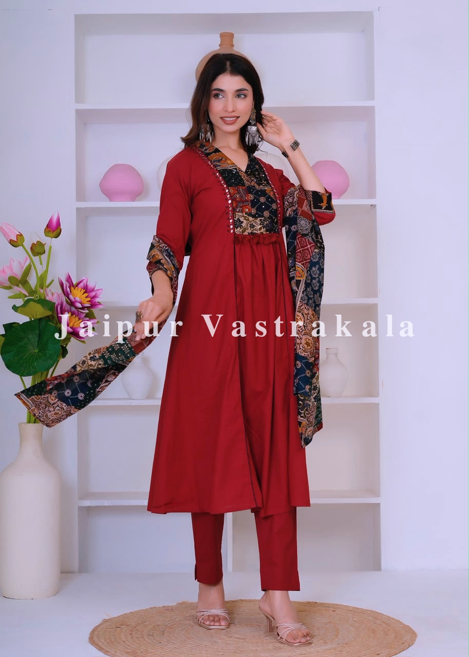 Maroon Heritage Patch A-line Cotton Dupatta Set